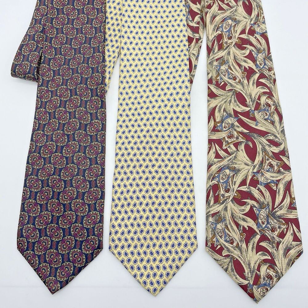 XMI / Alfani Silk Neckties Lot of 3 Floral Paisley Burgundy Yellow